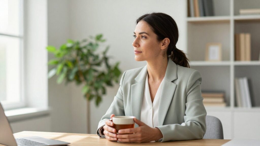 Mujer sentada tranquila en un escritorio de madera en una oficina luminosa, sosteniendo una taza de té mientras contempla hacia la ventana en un ambiente sereno.