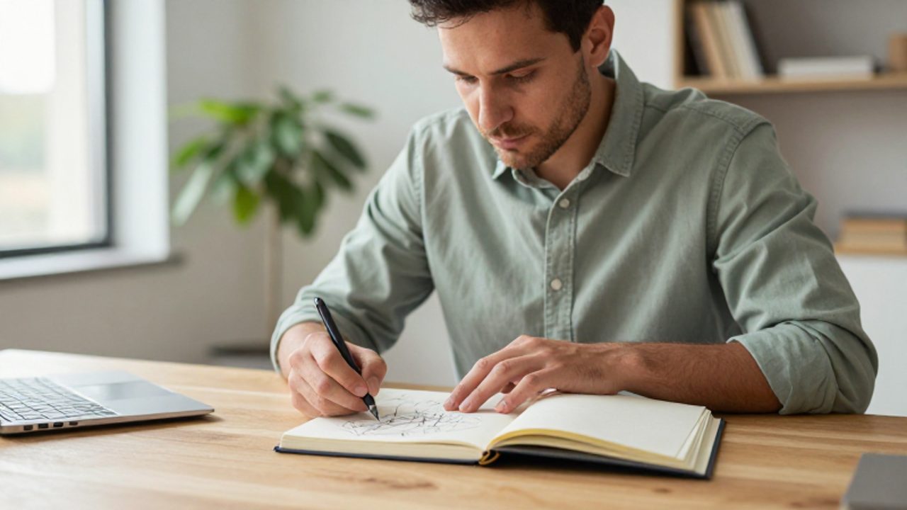 Hombre concentrado tomando notas y realizando diagramas en un cuaderno sobre un escritorio de madera en una oficina luminosa.