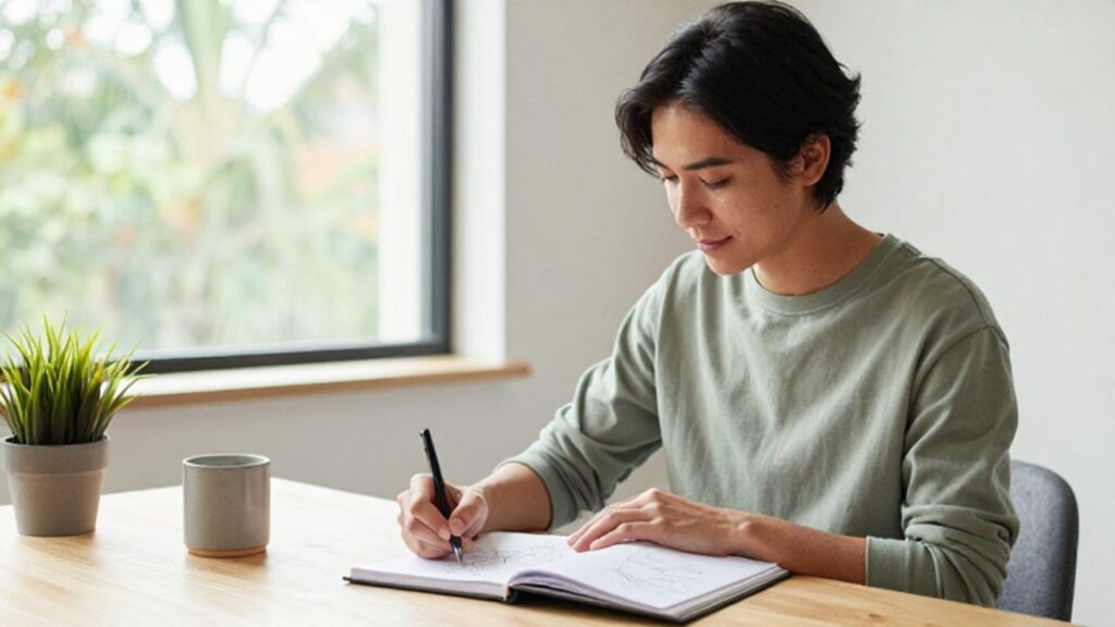 Persona concentrada trabajando con calma en un escritorio despejado de una oficina en casa iluminada con luz natural.