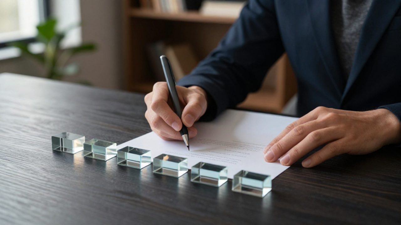 Manos de una persona organizando bloques de cristal con luz sobre un escritorio mientras marca un punto preciso en un papel, simbolizando claridad y análisis.