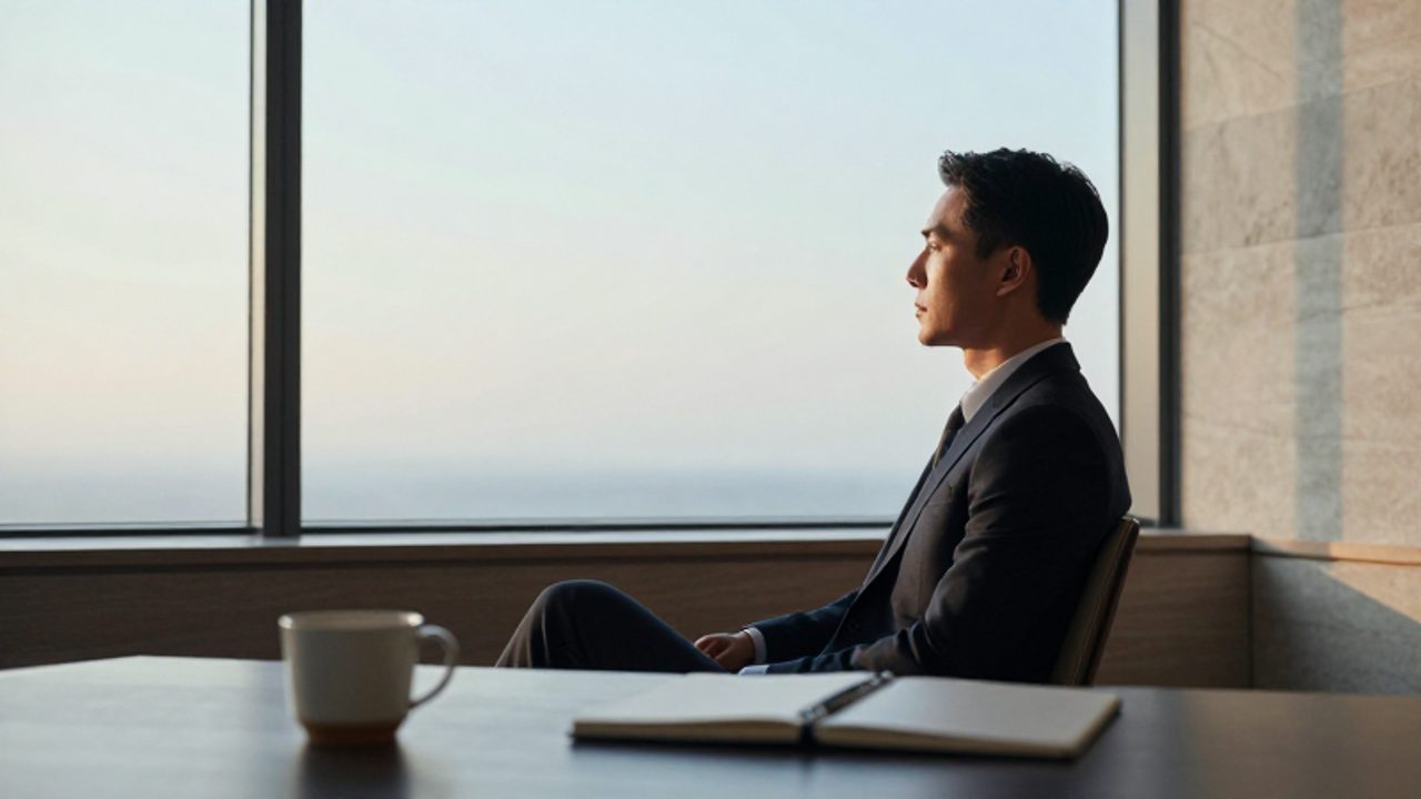 Persona profesional sentada en un estudio minimalista, mirando pensativamente hacia el horizonte a través de un ventanal para transmitir serenidad y claridad mental.