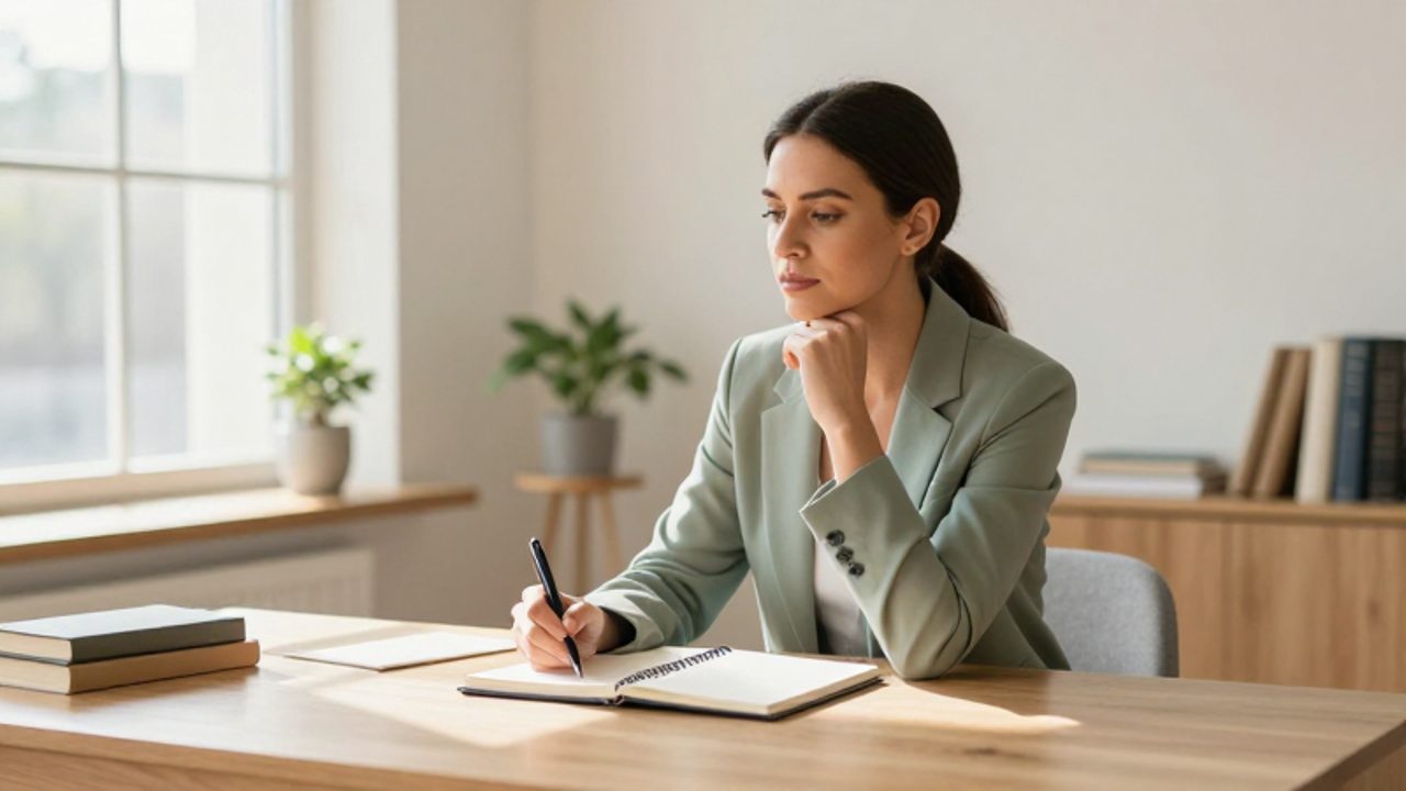 Mujer profesional sentada en un escritorio luminoso, reflexionando con determinación frente a un cuaderno en un entorno de oficina tranquilo y organizado.