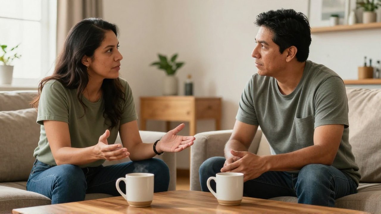 Dos adultos conversan sentados frente a una mesa de madera con dos tazas en una sala luminosa.