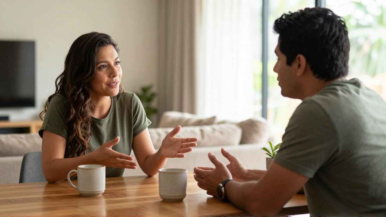 Un hombre y una mujer de ascendencia latina conversan sentados frente a frente en una mesa de madera.