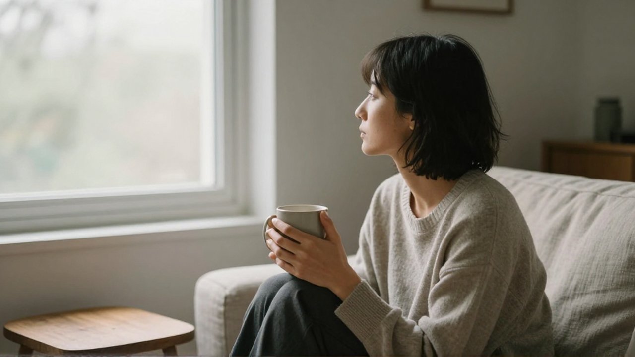 Una persona sentada junto a una ventana sostiene una taza de cerámica en una sala minimalista.
