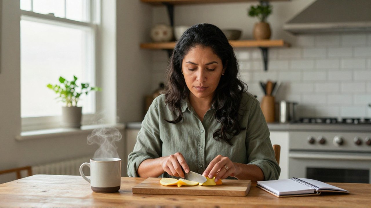 Una mujer se sienta en una cocina iluminada por el sol mientras corta fruta en una mesa de madera.
