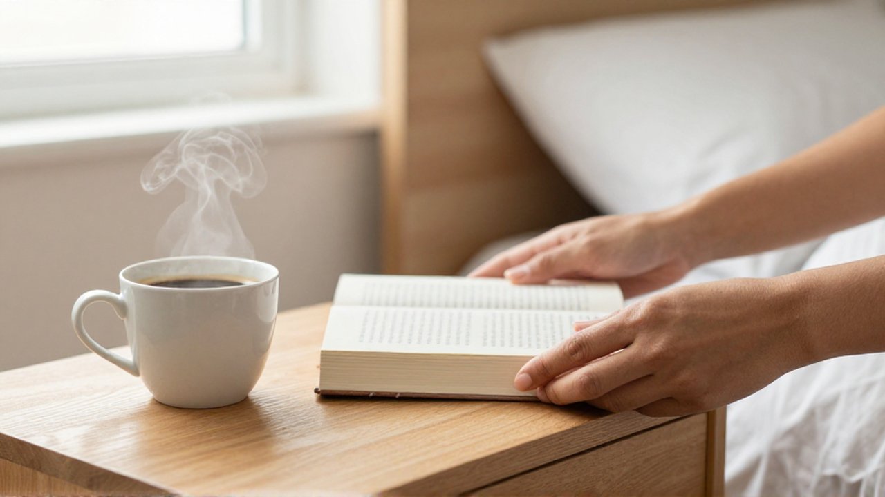 Una persona coloca un libro sobre una mesa de madera junto a una taza de café humeante.