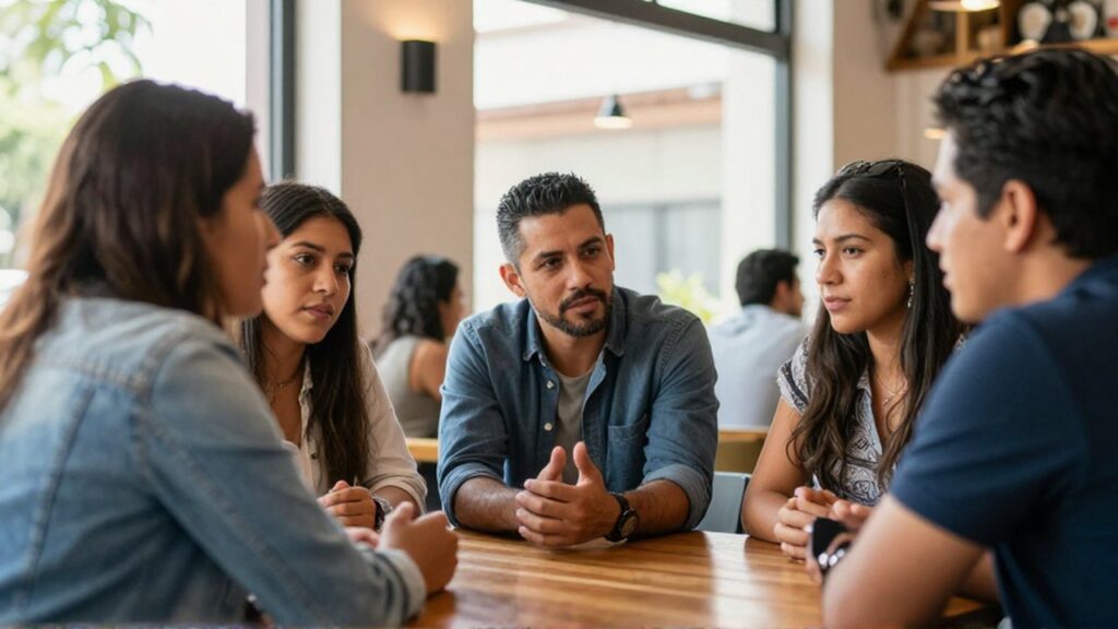 Grupo de adultos conversan sentados alrededor de una mesa de madera en un espacio iluminado.