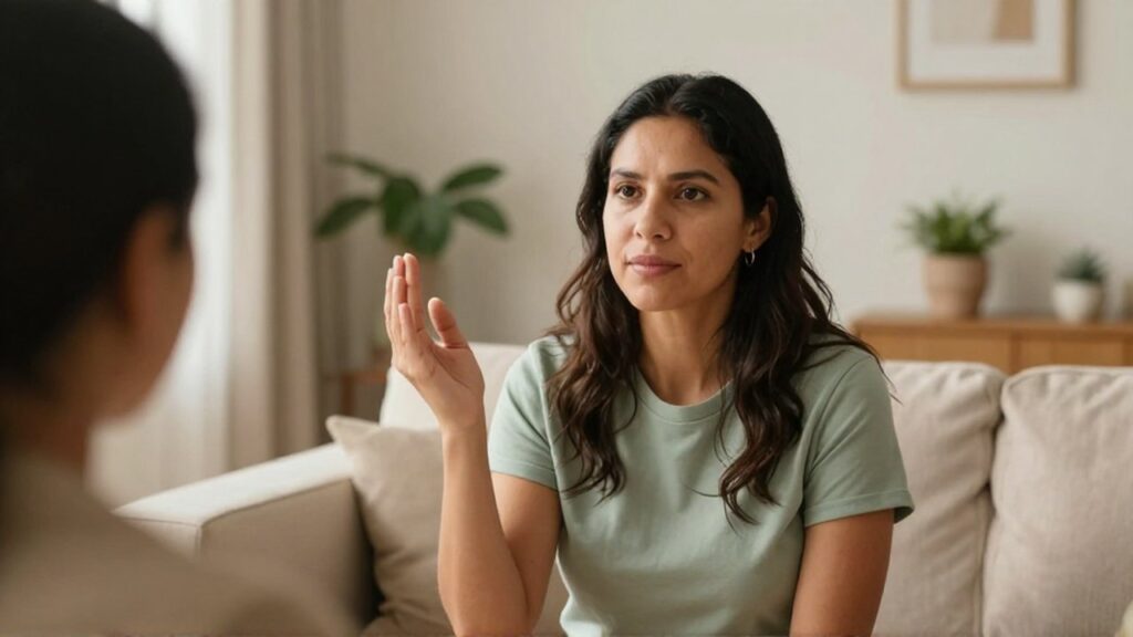 Mujer sentada en una sala iluminada realiza un gesto con la mano durante una conversación.