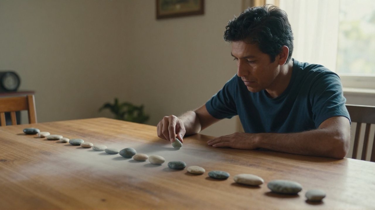 Persona sentada ante una mesa de madera con piedras dispersas en una habitación iluminada por el sol.