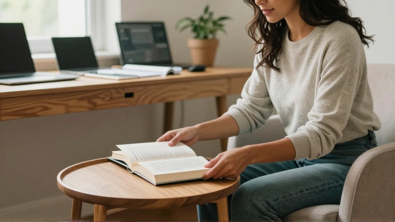 Una mujer coloca un libro impreso sobre una mesa de madera junto a un sillón.