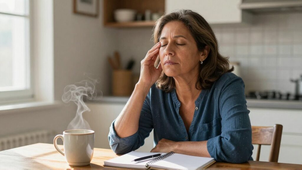 Mujer latinoamericana sentada en una mesa de madera con los ojos cerrados y una taza humeante.