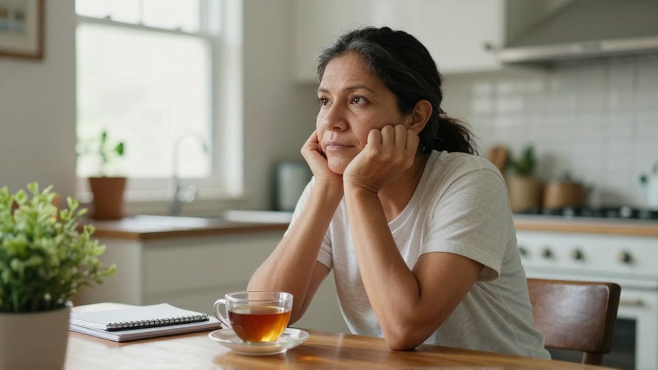 Persona de unos treinta años apoya la barbilla en su mano frente a una taza de té sobre una mesa de madera.