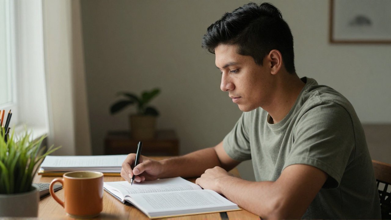Hombre joven sentado frente a un escritorio con un cuaderno, un libro y una taza.