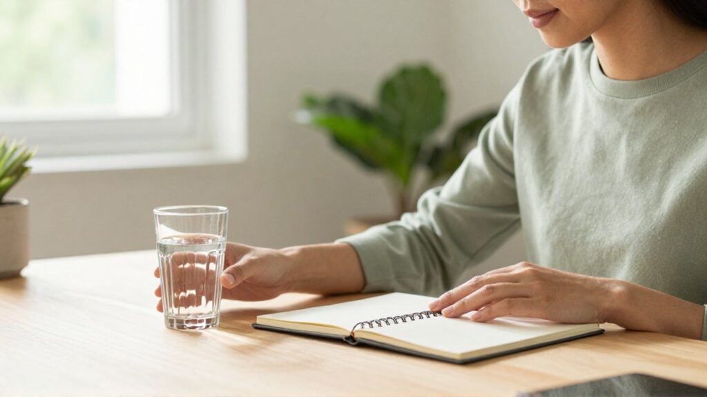 Persona coloca un cuaderno y un vaso de agua sobre un escritorio de madera.