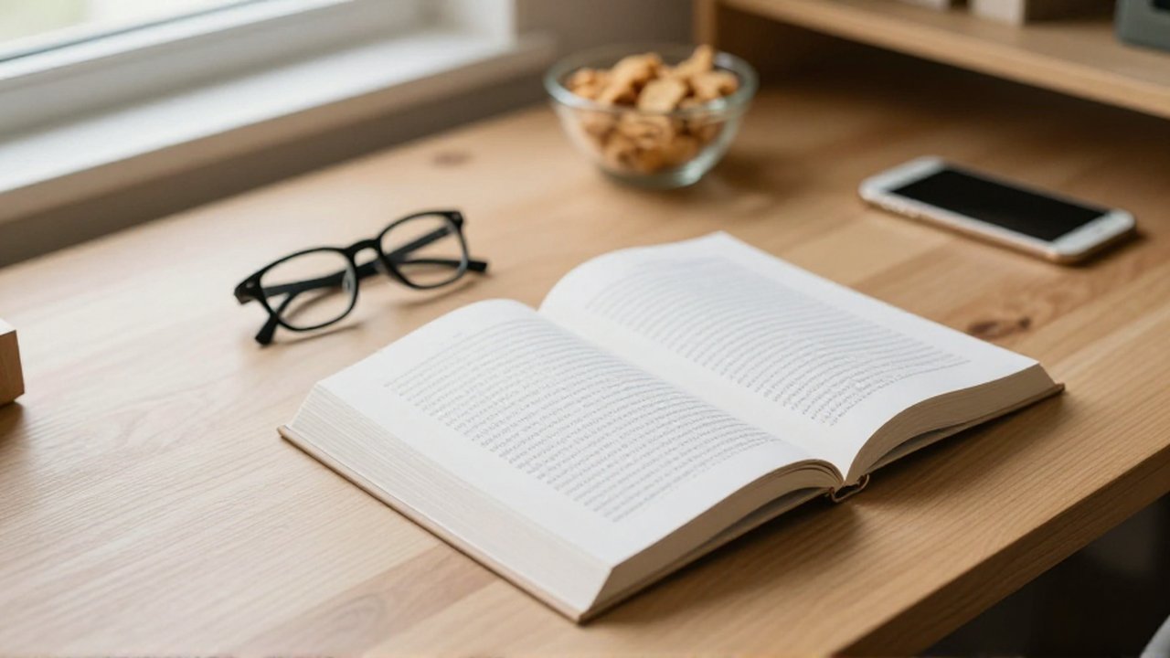 Un libro abierto y unas gafas de lectura sobre un escritorio de madera minimalista.
