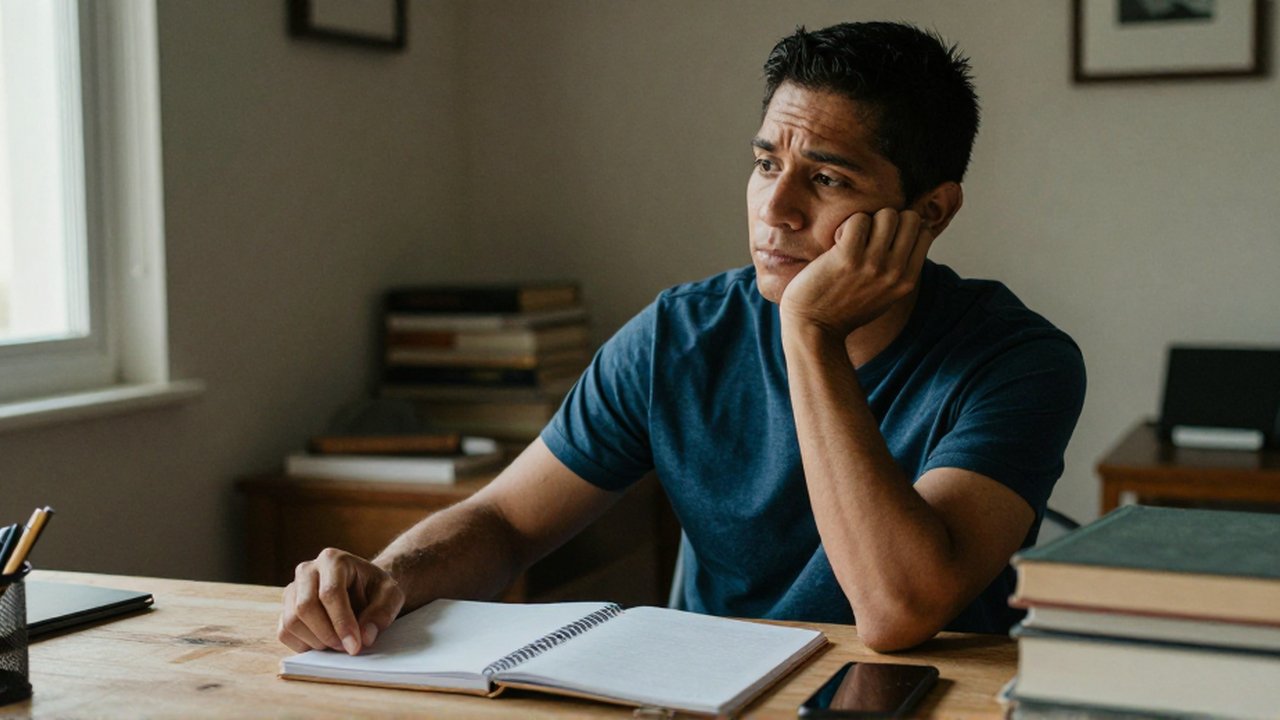Hombre latinoamericano sentado en un escritorio frente a un cuaderno abierto y libros.