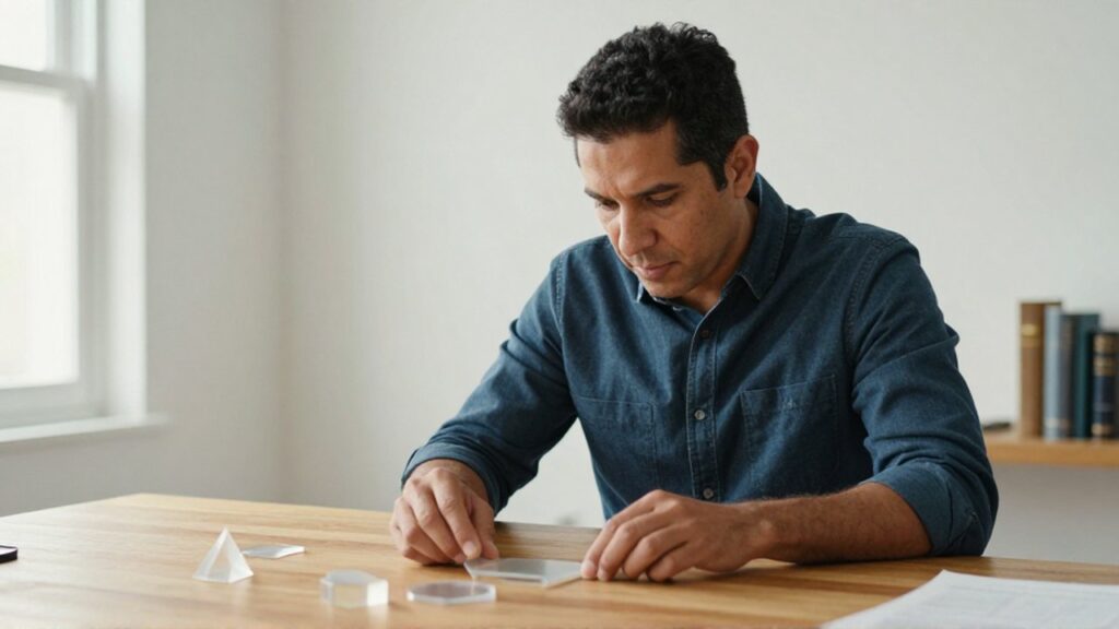 Un hombre latinoamericano se concentra intentando organizar figuras geométricas translúcidas sobre un escritorio de madera.