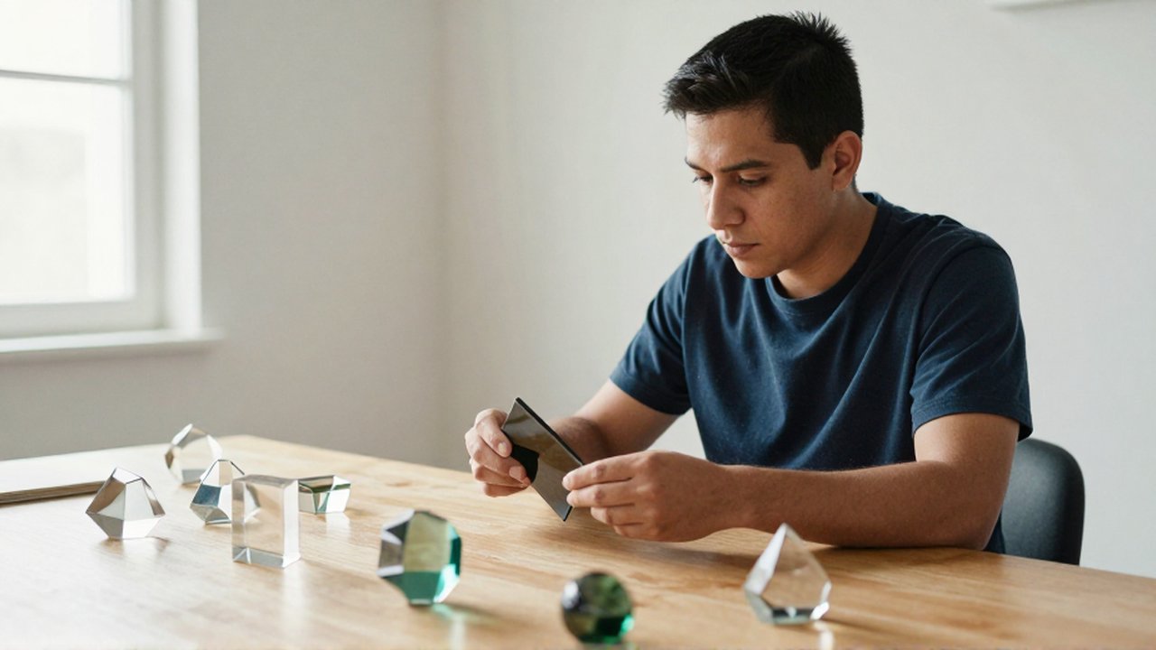 Una persona observa de cerca diversas formas geométricas de vidrio sobre un escritorio de madera.