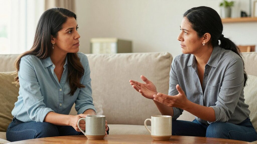Dos adultos conversan seriamente en una sala moderna con dos tazas humeantes sobre una mesa.