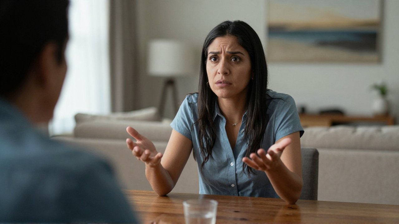 Mujer latinoamericana sentada ante una mesa de madera gesticula con dudas frente a otra persona.