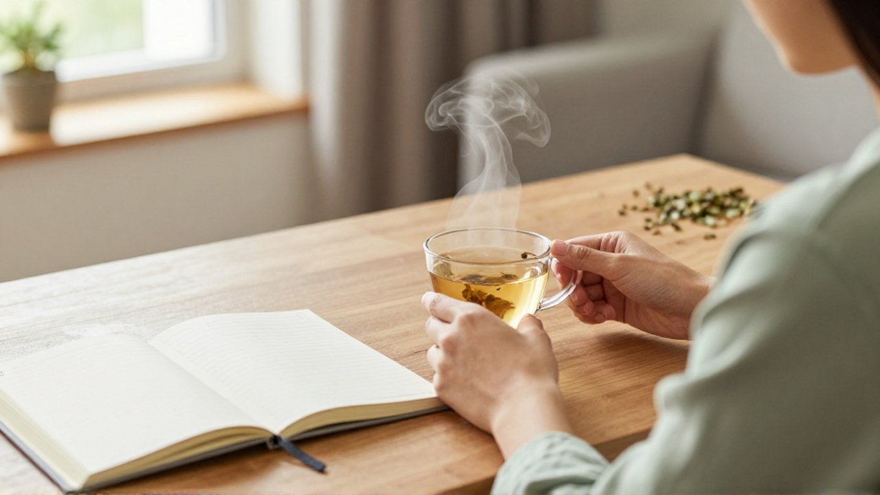 Persona sentada ante un escritorio de madera preparando una taza de té frente a un cuaderno abierto.