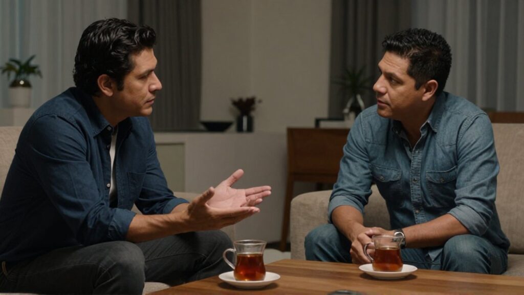 Dos adultos conversan con tensión en una sala moderna con dos tazas de té sobre la mesa.