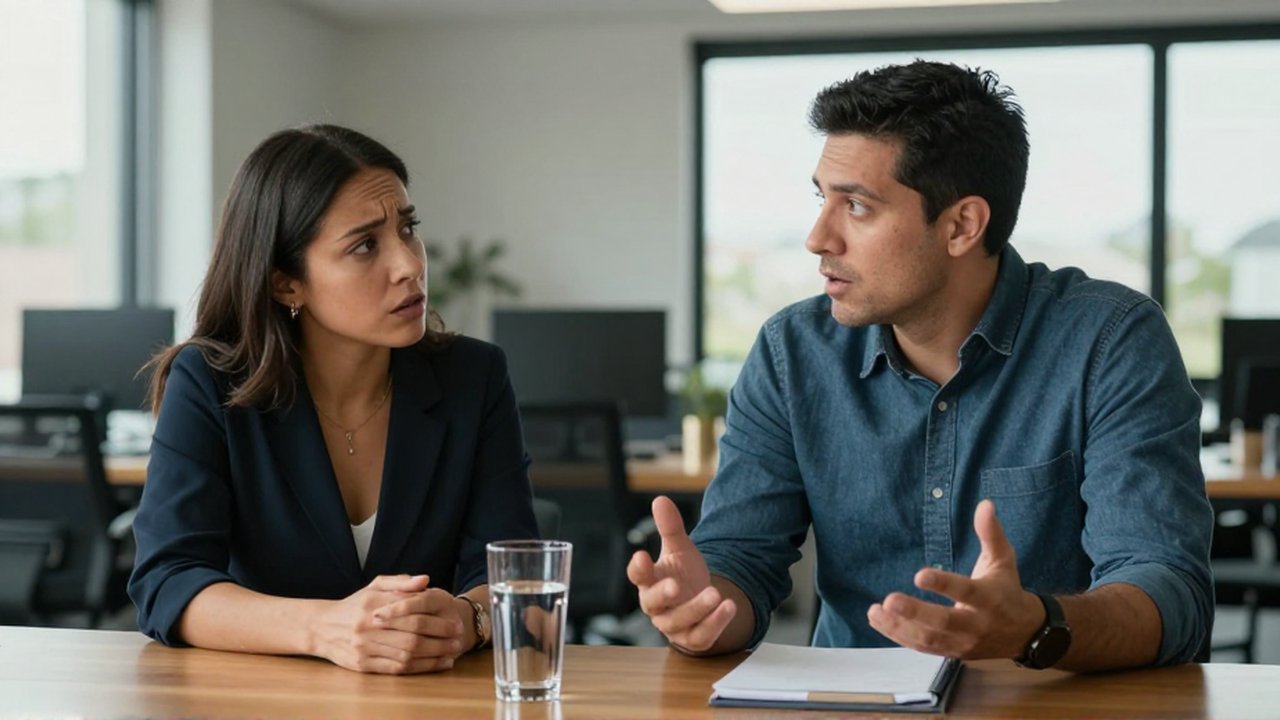 Un hombre y una mujer conversan en una oficina con expresiones de duda e incertidumbre.