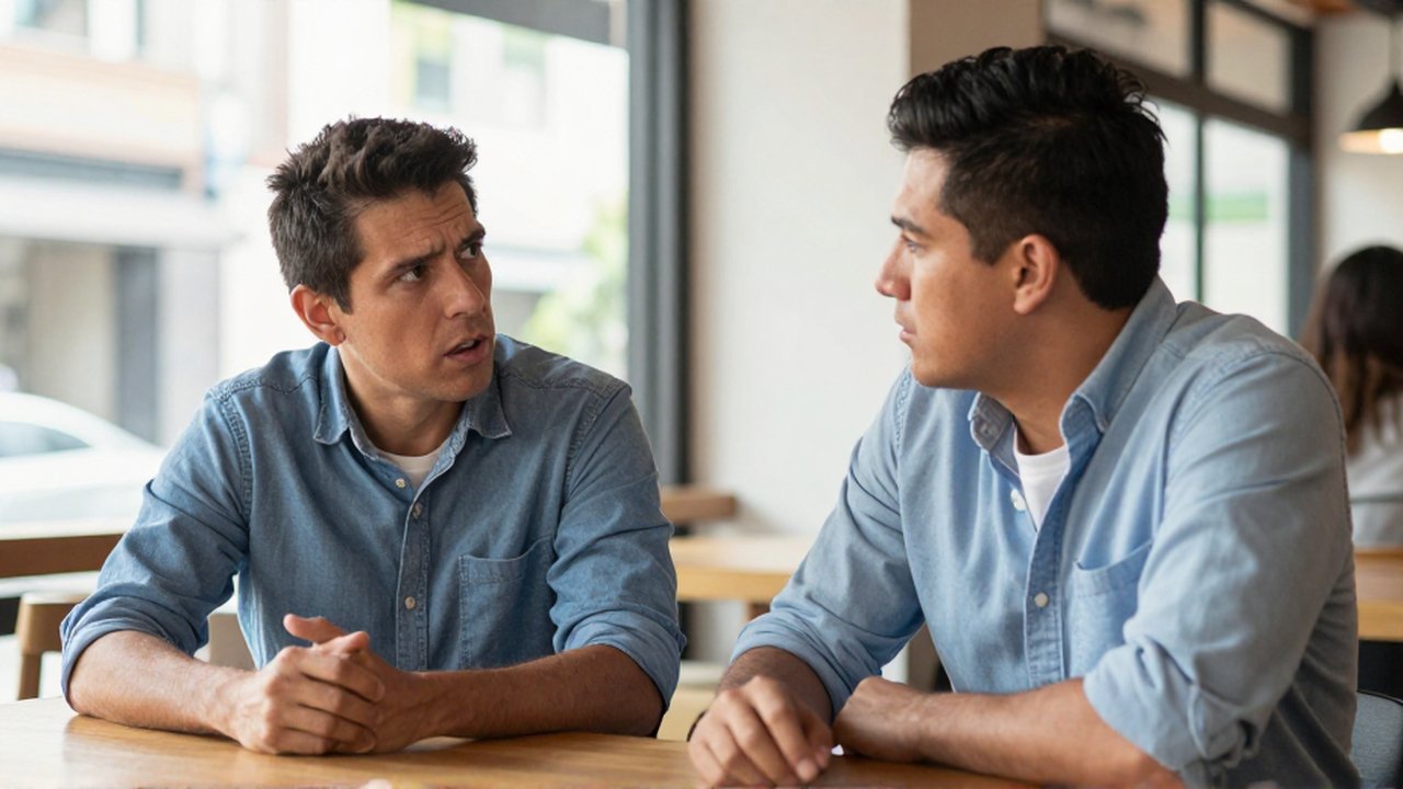 Dos personas conversan en una mesa de madera de un café moderno con tensión interpersonal.