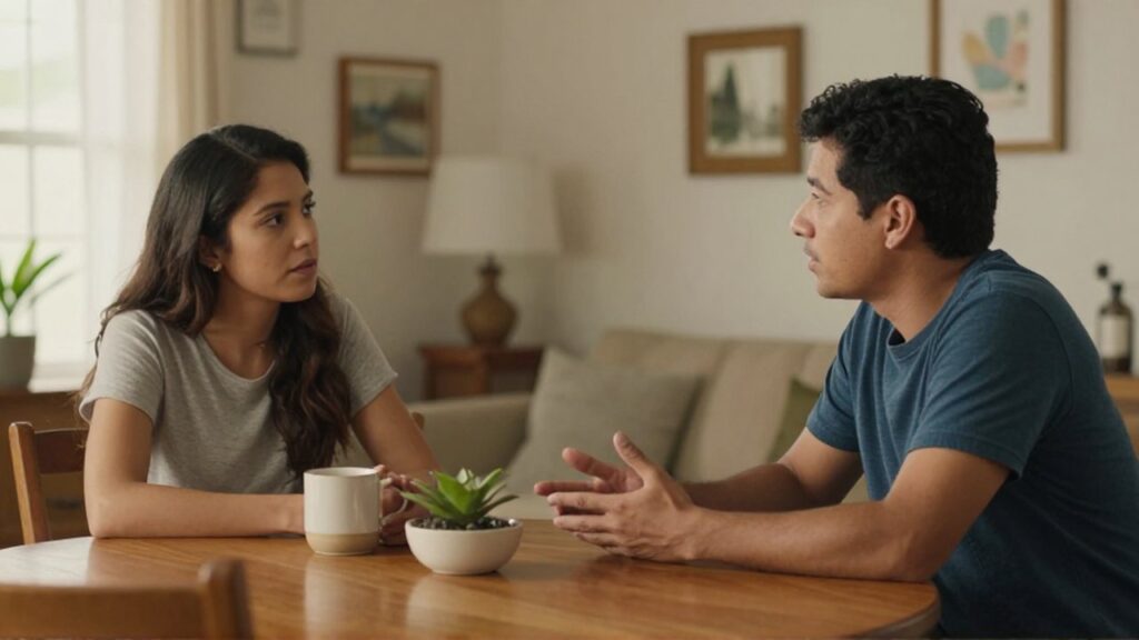 Un hombre y una mujer conversan sentados a una mesa de madera con dos tazas y una planta.