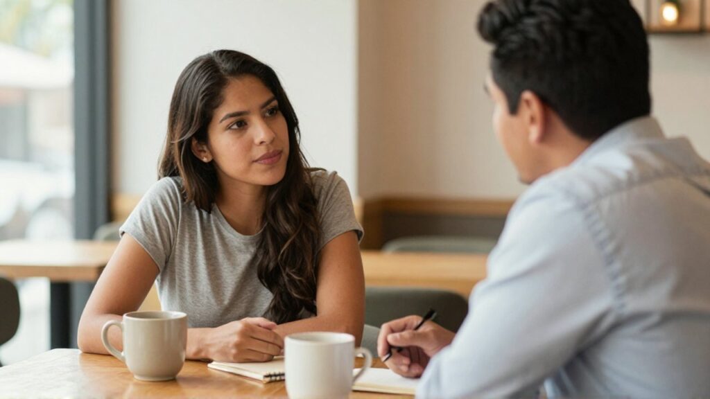 Dos personas conversan sentadas frente a frente en una mesa con tazas en un café luminoso.