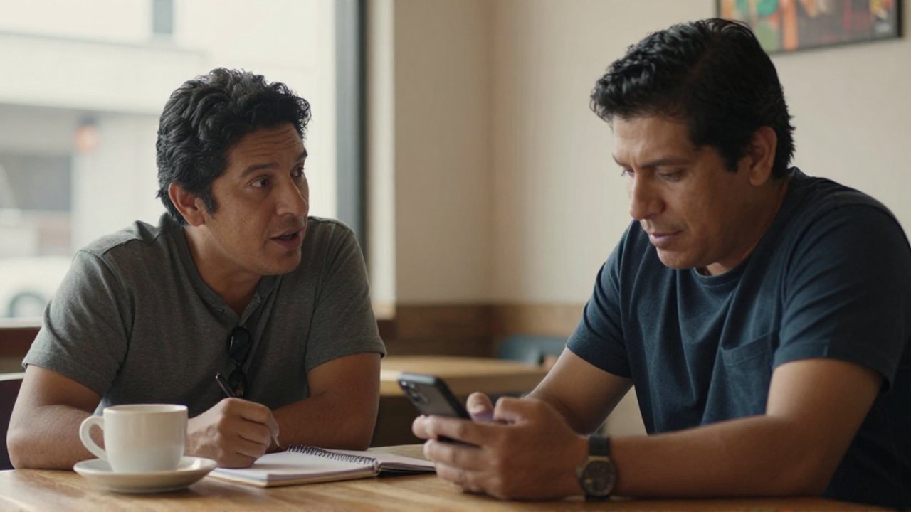 Dos personas sentadas frente a frente en una mesa de madera, una habla mientras la otra mira su teléfono.