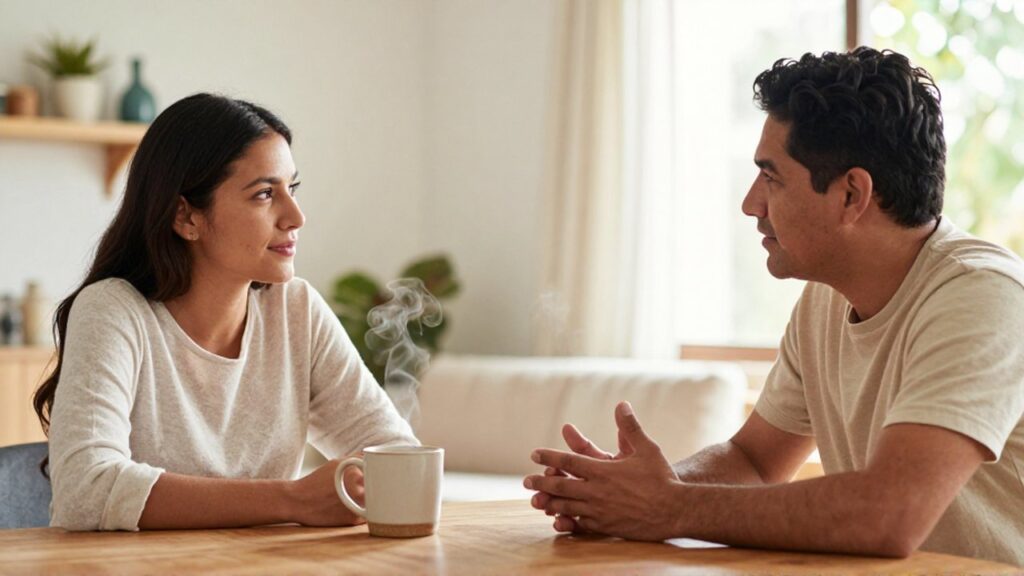 Un hombre y una mujer conversan sentados frente a frente en una mesa de madera.