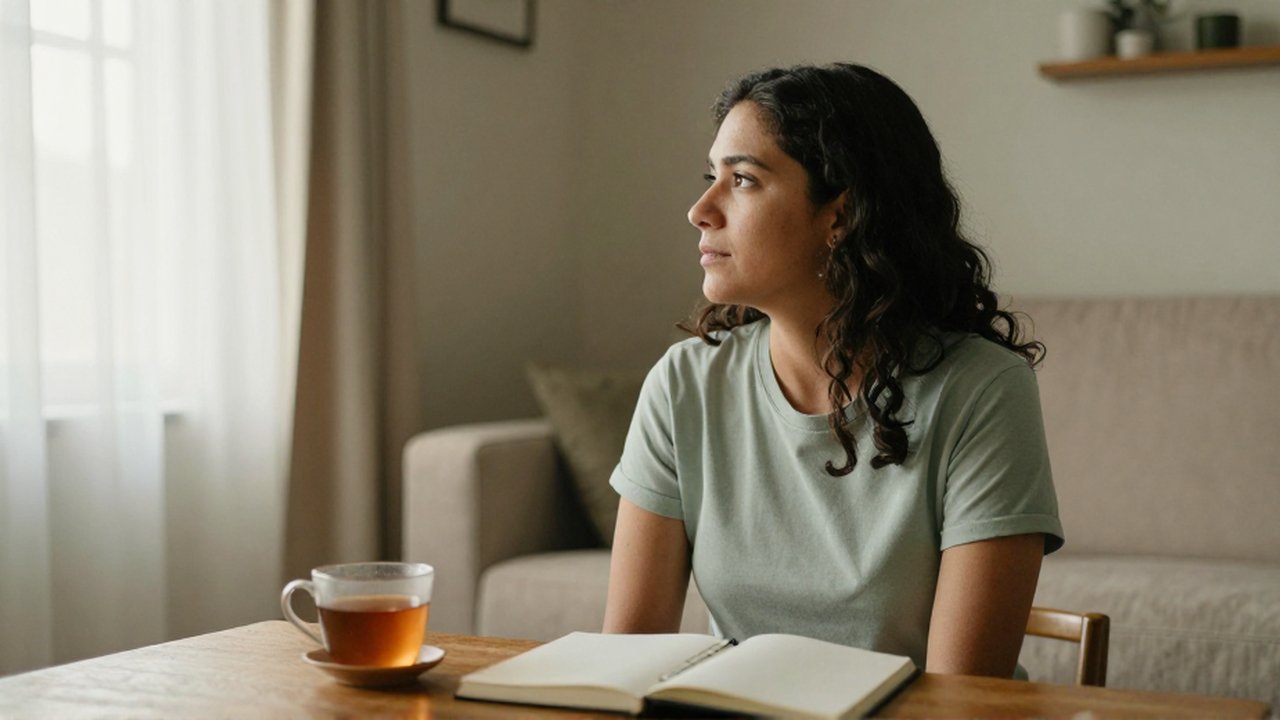 Persona latinoamericana sentada en una sala luminosa mirando por la ventana con una taza de té y un cuaderno.