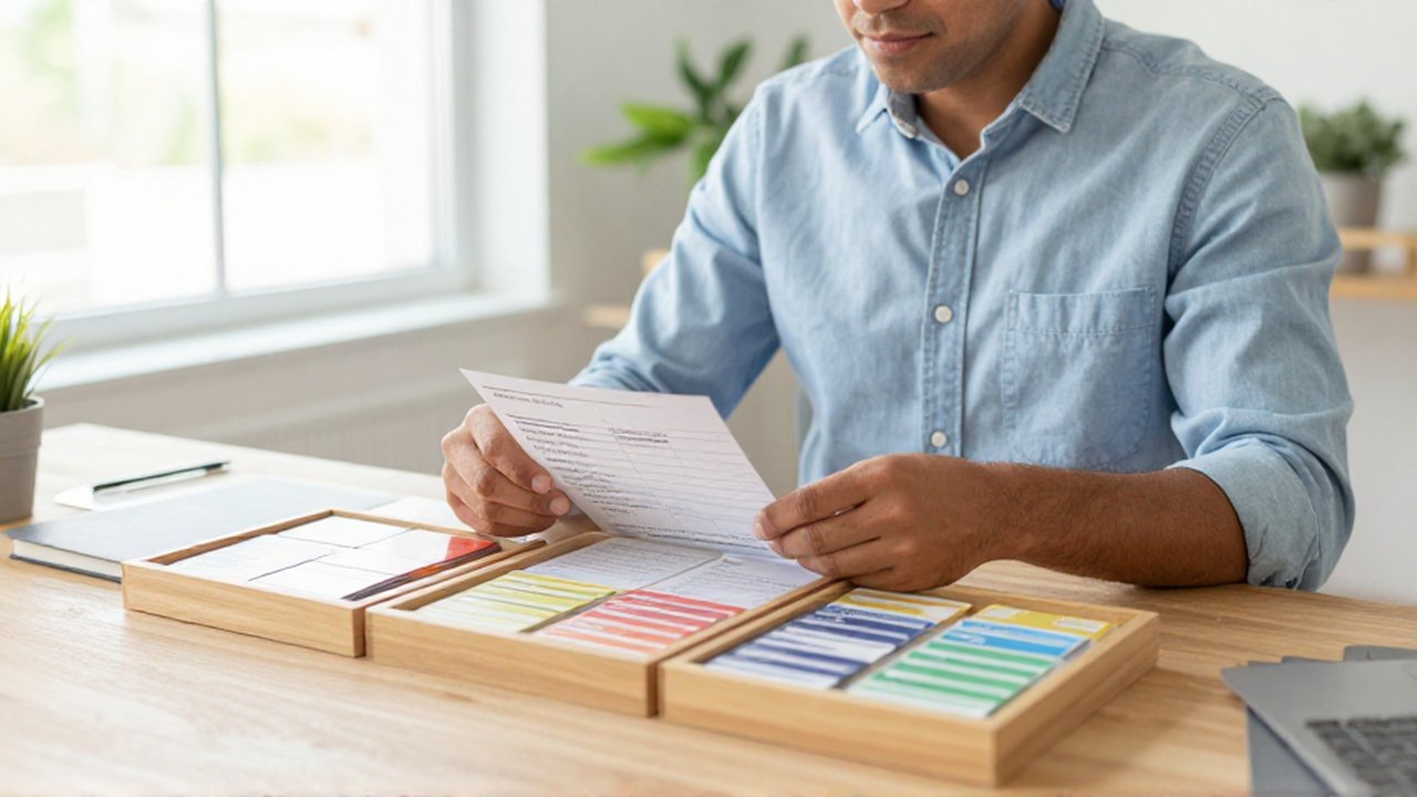 Una persona organiza tarjetas de tareas de colores en bandejas de madera sobre un escritorio.