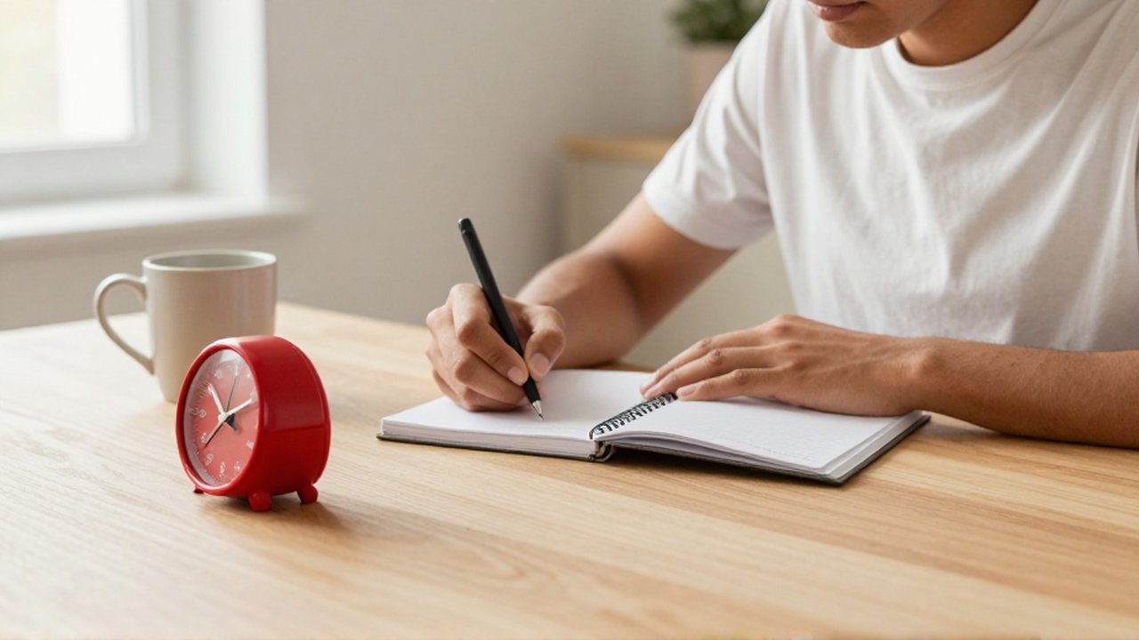 Persona sentada en un escritorio de madera escribiendo en un cuaderno junto a un temporizador rojo.
