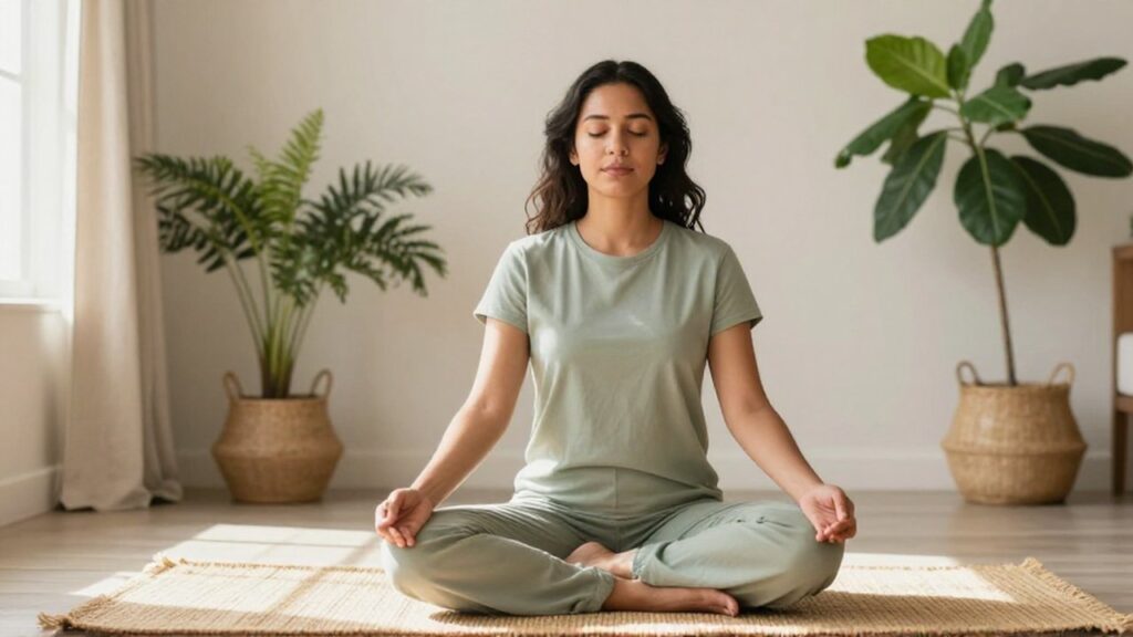 Mujer sentada en posición de meditación sobre una esterilla en una sala con plantas.