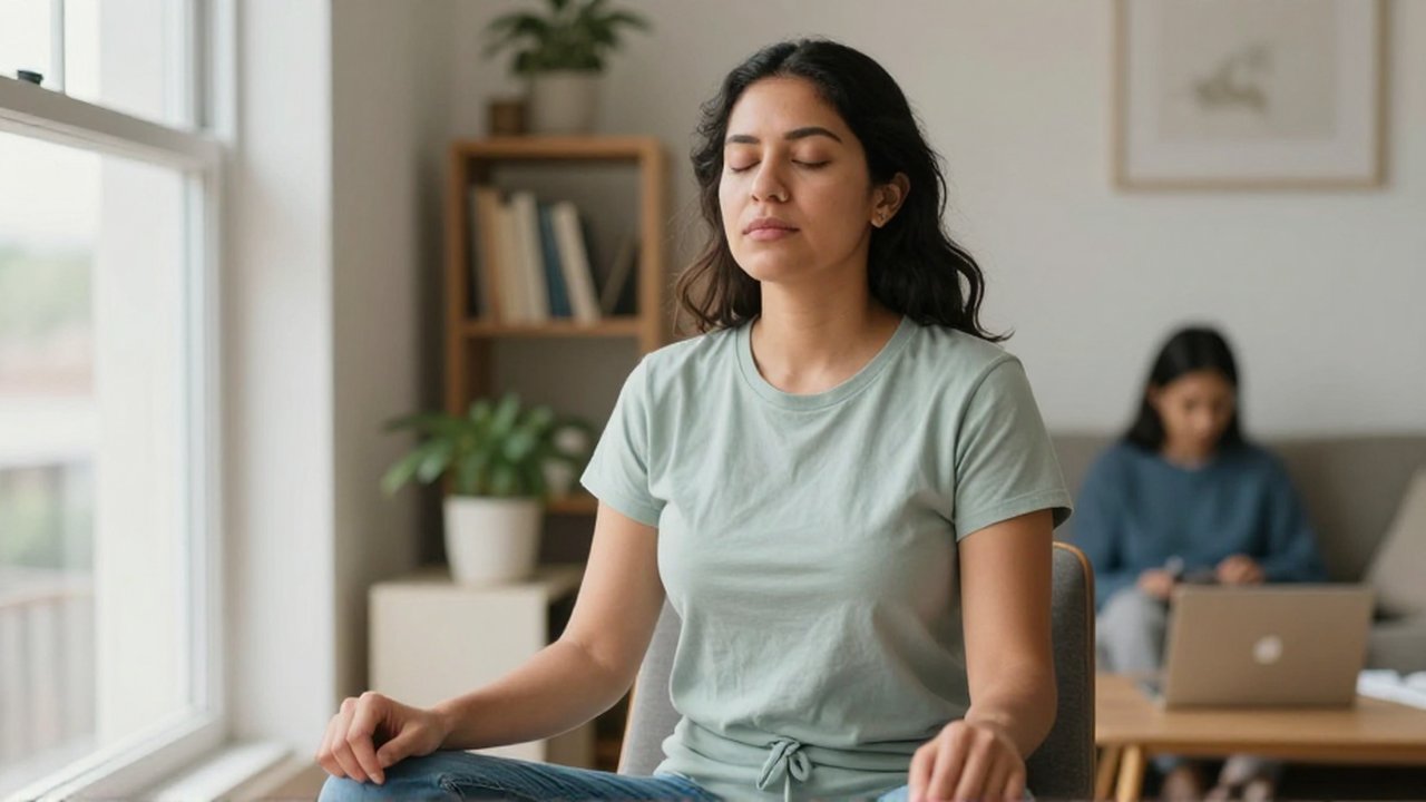 Una mujer con expresión tranquila practica respiración consciente sentada junto a una ventana iluminada.