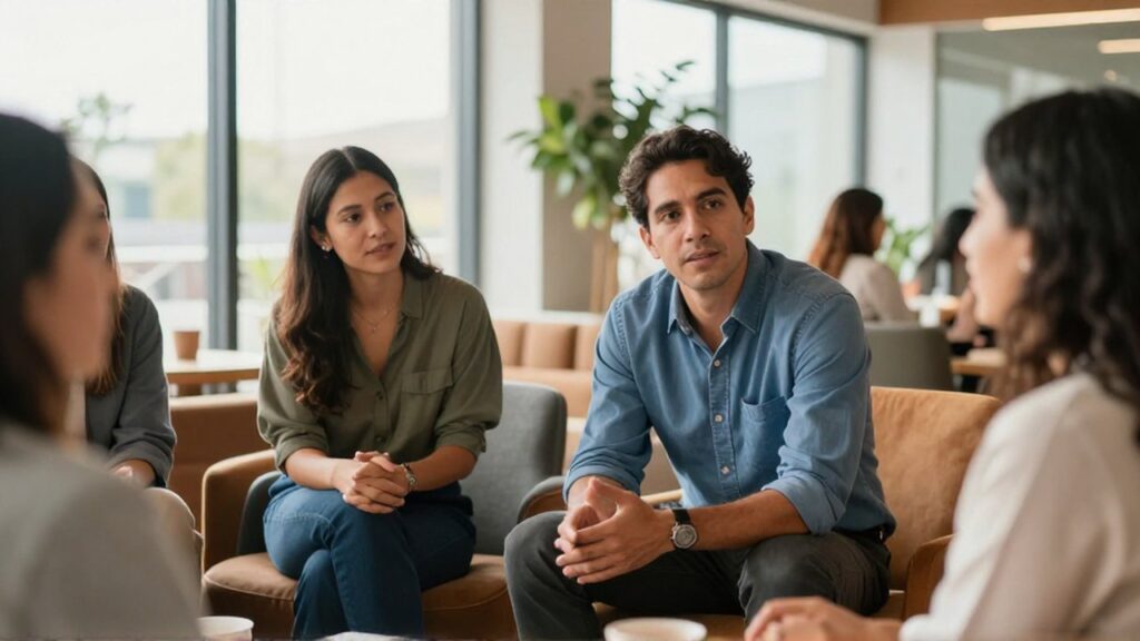 Grupo de profesionales conversan con calma en un salón de oficinas iluminado con plantas y muebles ergonómicos.