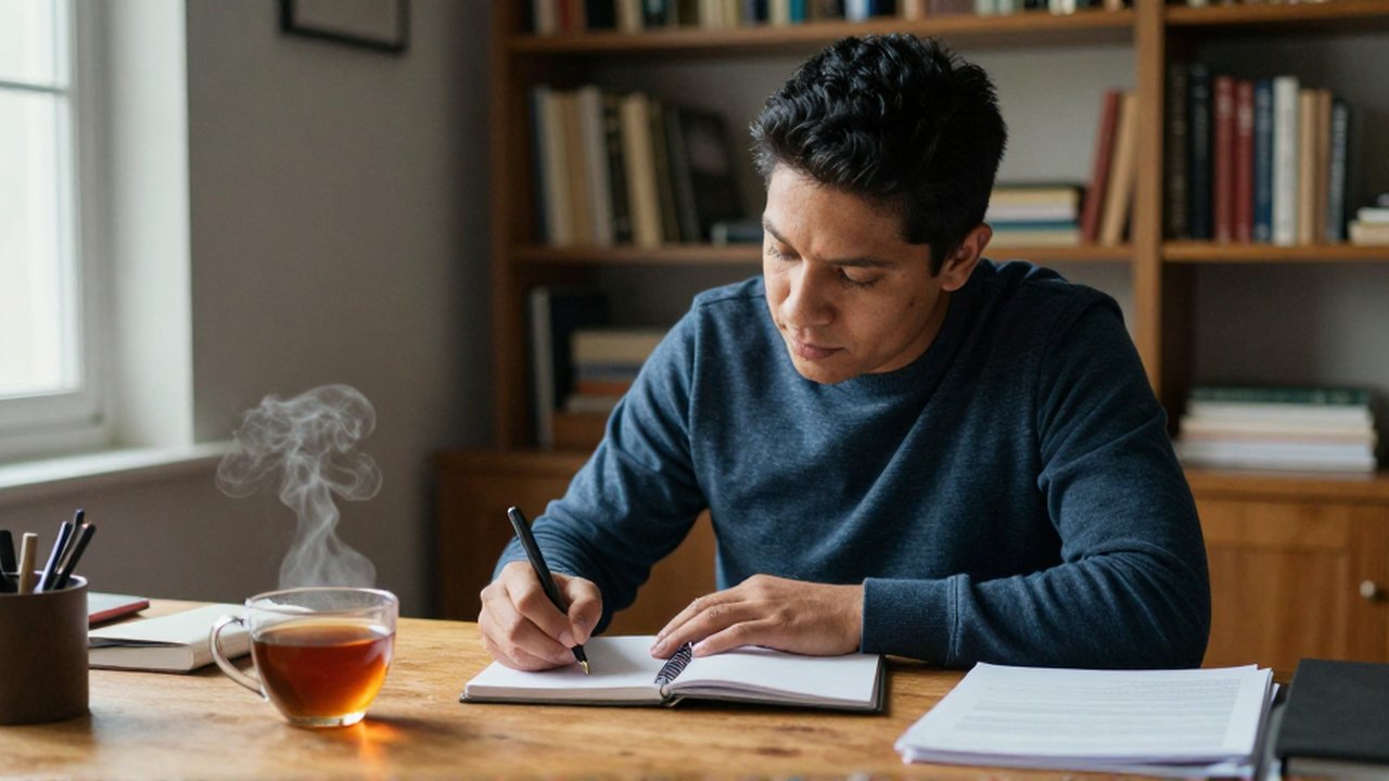 Persona de ascendencia latinoamericana escribe en un cuaderno sobre un escritorio de madera junto a una taza de té humeante.