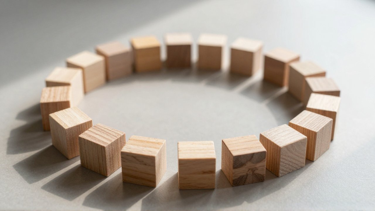 Bloques de madera dispuestos en un círculo sobre una mesa con un bloque de distinto color en el centro.