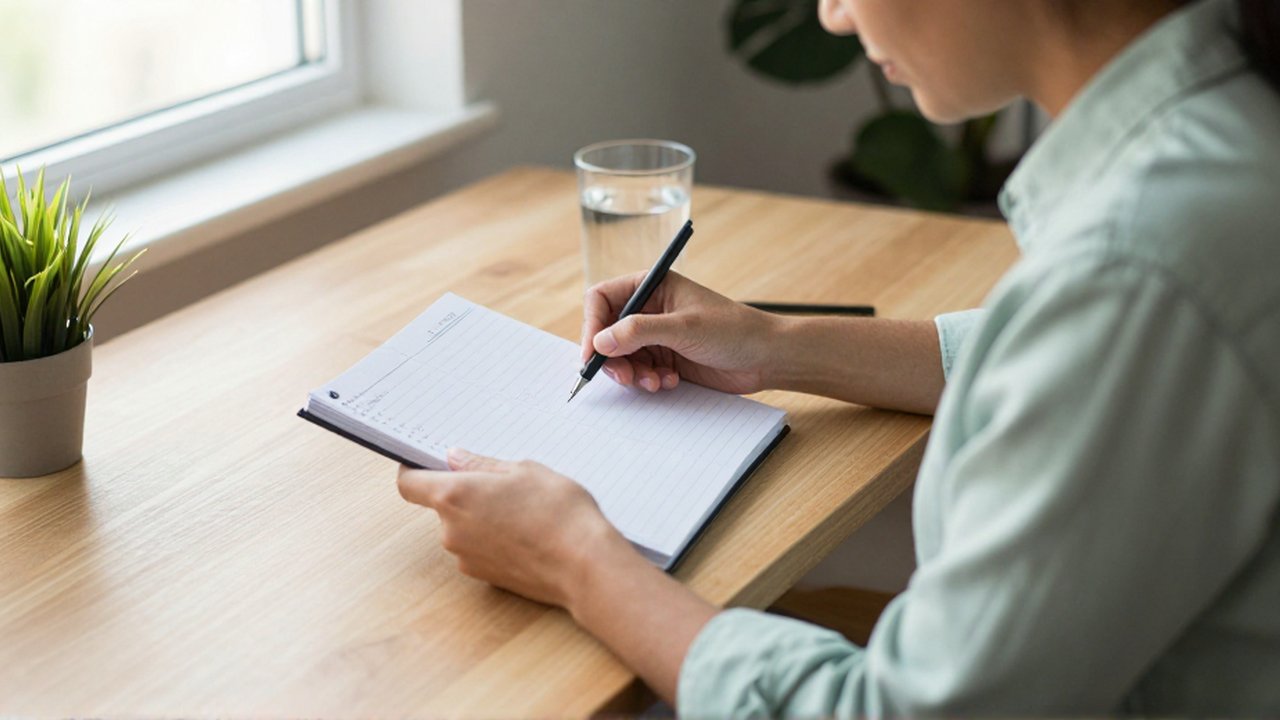 Persona sentada en un escritorio de madera revisando una agenda manuscrita y una lista de tareas.
