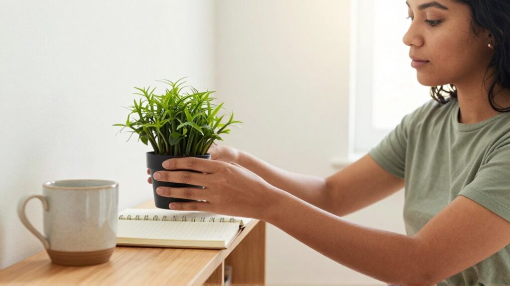 Una mujer joven coloca una planta verde sobre un estante de madera junto a un diario y una taza.