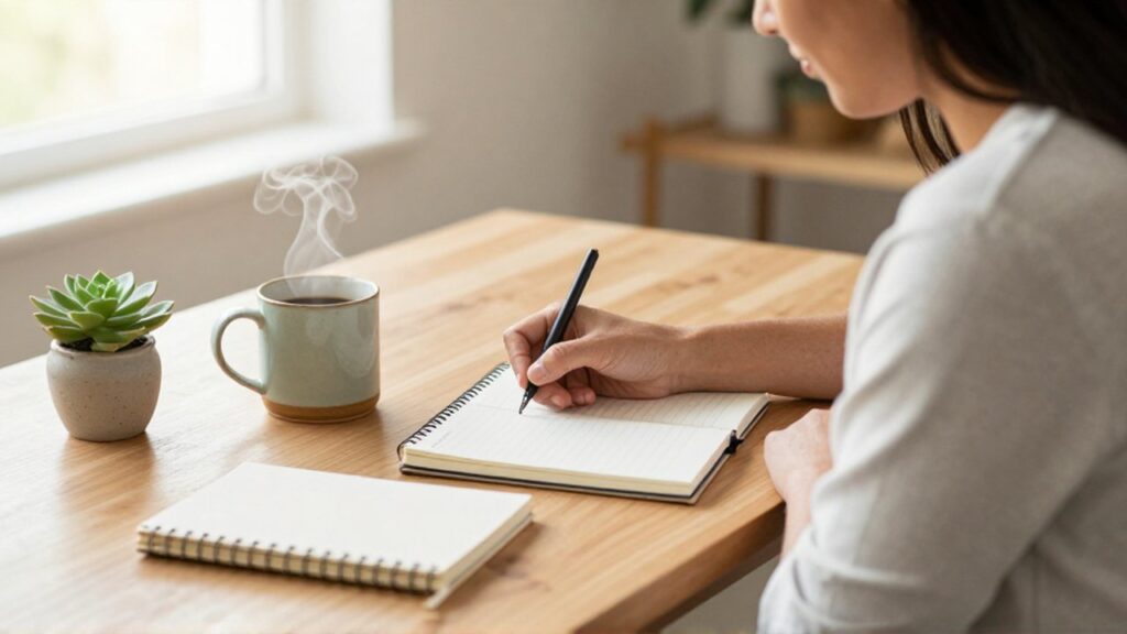 Persona de perfil sentada ante un escritorio de madera escribiendo en una agenda con café y una suculenta.