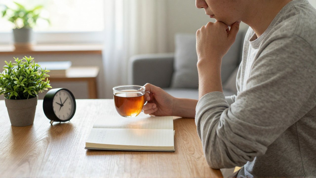 Persona con expresión pensativa observa un cuaderno manuscrito mientras sostiene una taza de té en una mesa de madera.