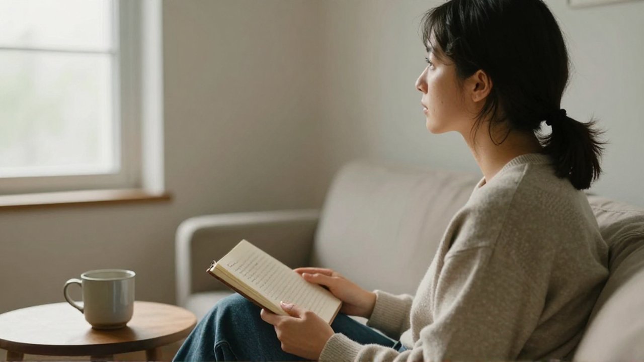 Persona sentada de perfil en una sala minimalista sosteniendo un diario junto a una taza de cerámica.