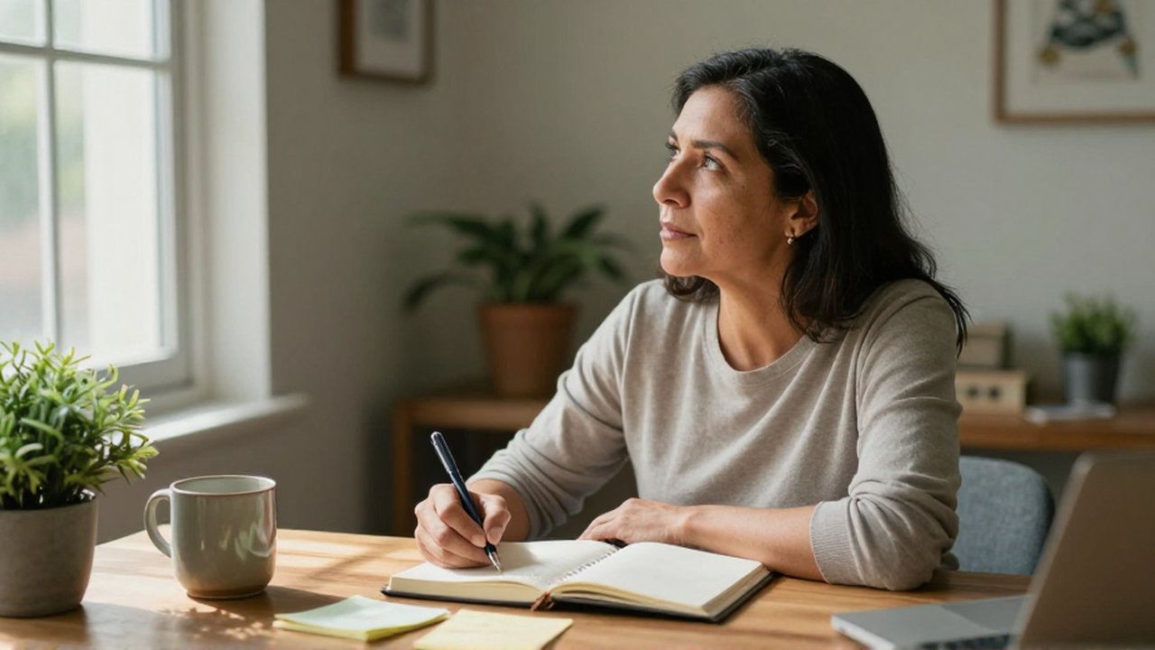 Mujer sentada en un escritorio de madera escribiendo en un diario junto a una planta y una taza.