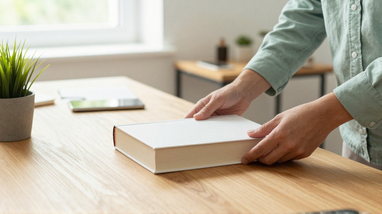 Una persona coloca un libro grueso en el centro de un escritorio de madera mientras aleja su teléfono.