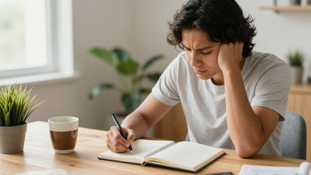 Una persona de ascendencia latinoamericana se sienta frente a un escritorio de madera con un cuaderno y café.