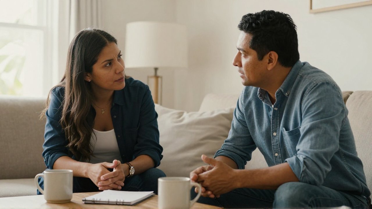 Dos adultos conversan atentos en una sala luminosa con tazas y un cuaderno sobre la mesa.